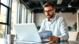 Founder reviewing financial metrics on laptop in modern office, focused expression, natural lighting, coffee cup on desk, realistic business environment