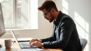Founder working at desk with laptop and financial documents, natural lighting, focused expression, modern minimalist office space, coffee cup nearby, warm tones
