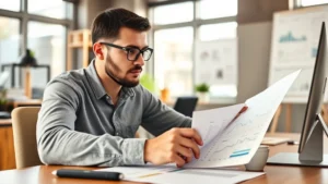 Founder reviewing financial spreadsheets and metrics on desk with coffee cup, natural office lighting, focused expression, entrepreneurial workspace aesthetic
