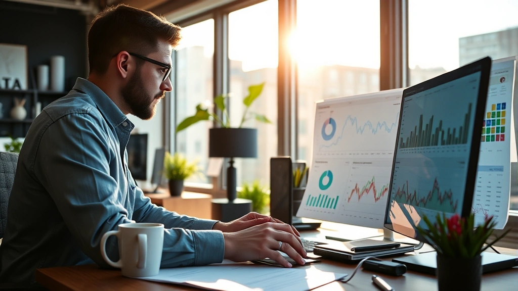Founder reviewing financial dashboards and spreadsheets at a modern startup office desk, intense focus, morning light streaming through windows, coffee mug nearby, authentic startup environment