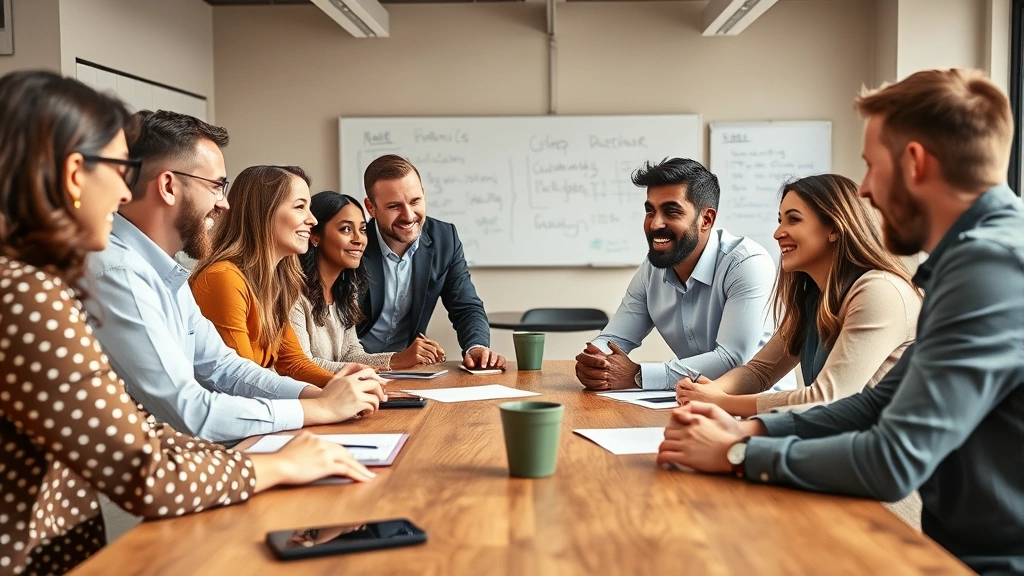 Team of diverse entrepreneurs having an animated discussion around a wooden table, whiteboards visible in background, collaborative energy, natural office lighting, real working moment