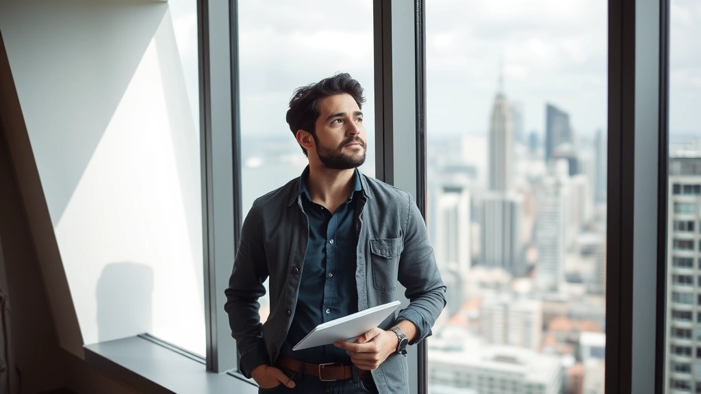 Founder standing at a window overlooking a city, thoughtful expression, holding a notebook, professional casual attire, contemplative moment about business strategy and growth