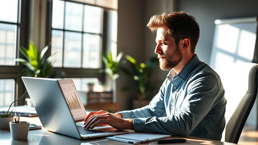 Founder sitting at desk reviewing financial spreadsheets and charts on laptop, natural sunlight from window, focused expression, modern startup office environment
