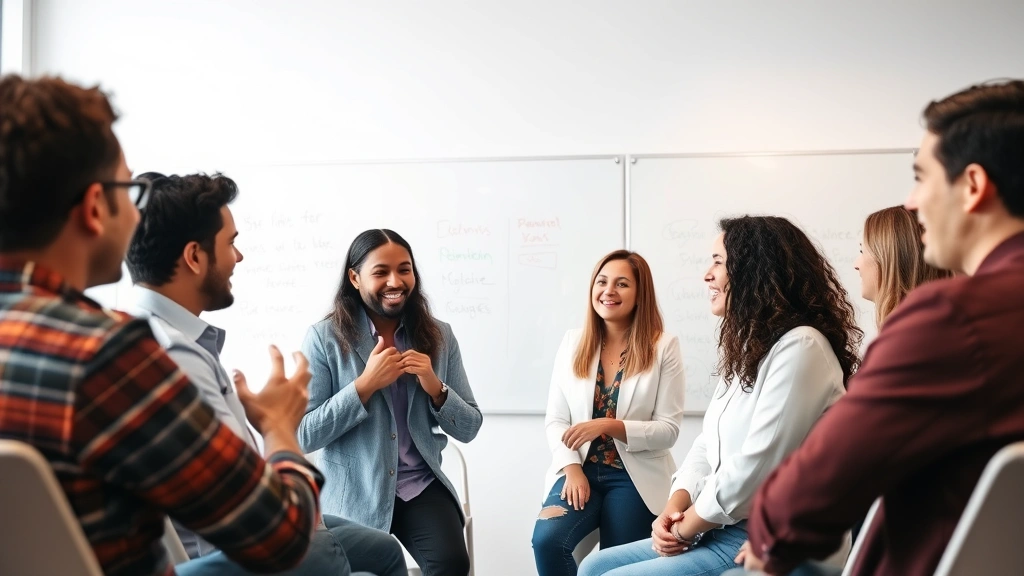 Diverse team in collaborative meeting room having discussion, whiteboards visible in background, engaged conversation, inclusive and energetic atmosphere