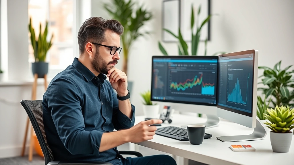 Founder analyzing customer data and metrics on multiple screens, coffee cup nearby, thoughtful pose, contemporary workspace with plants and minimal decor