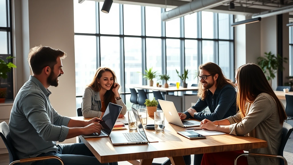 Diverse startup team of 4-5 people in a modern office space having an animated discussion around a table with laptops and notebooks, natural lighting from large windows, everyone engaged and collaborative