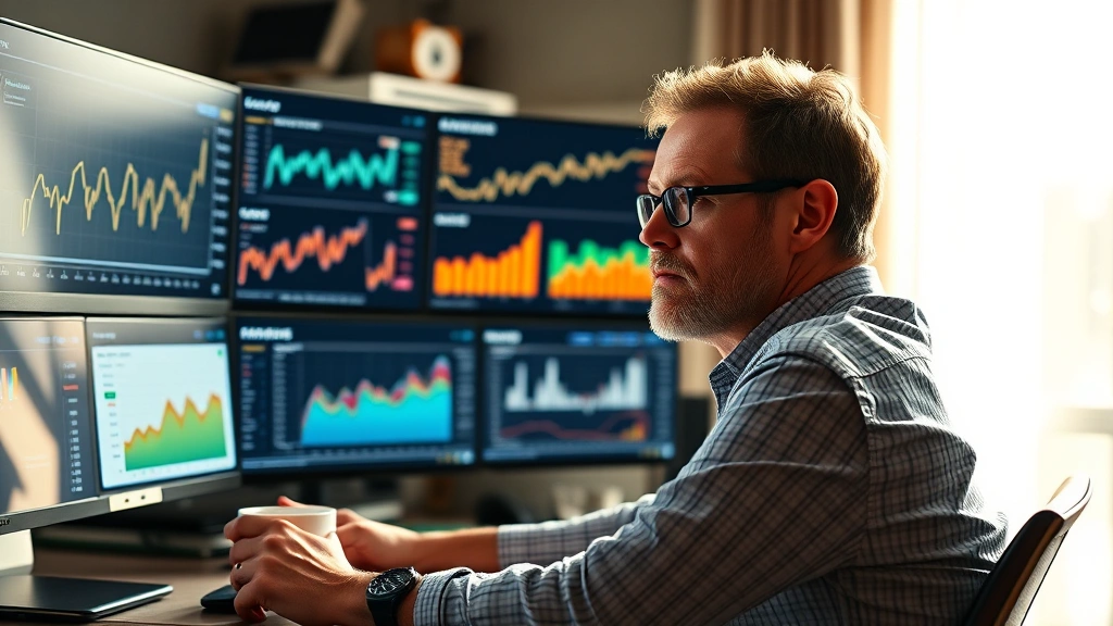 Founder reviewing financial dashboards on a desk with multiple monitors showing business metrics, coffee cup nearby, morning light, serious but determined expression