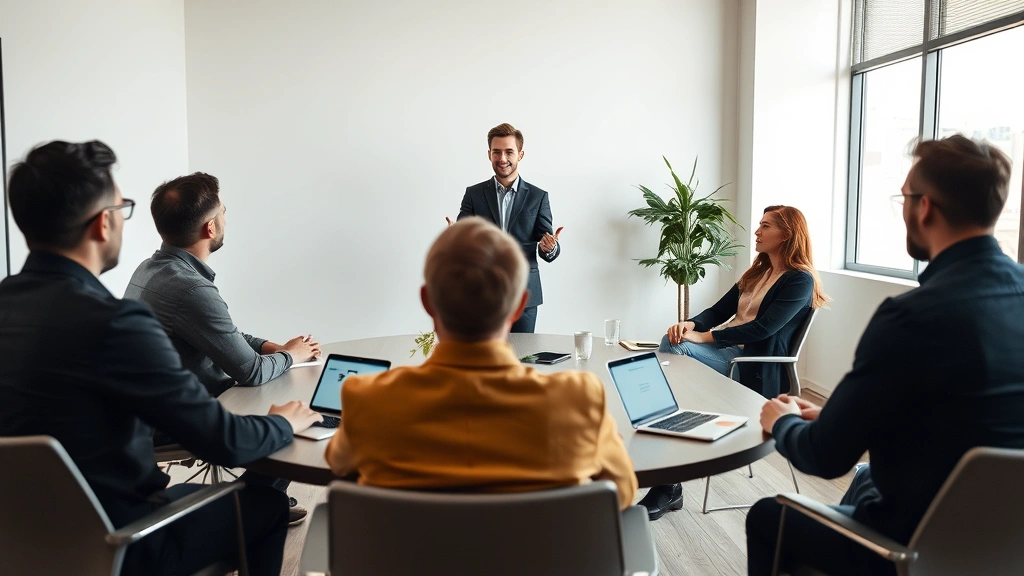 Young entrepreneur presenting to a small group of potential investors or customers in a minimalist conference room, authentic business meeting atmosphere, everyone focused