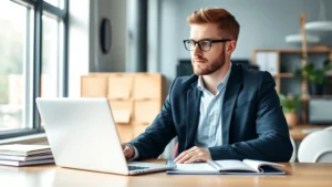 Entrepreneur working at a desk with laptop and notebook, looking focused and determined, natural lighting, modern workspace, professional casual attire