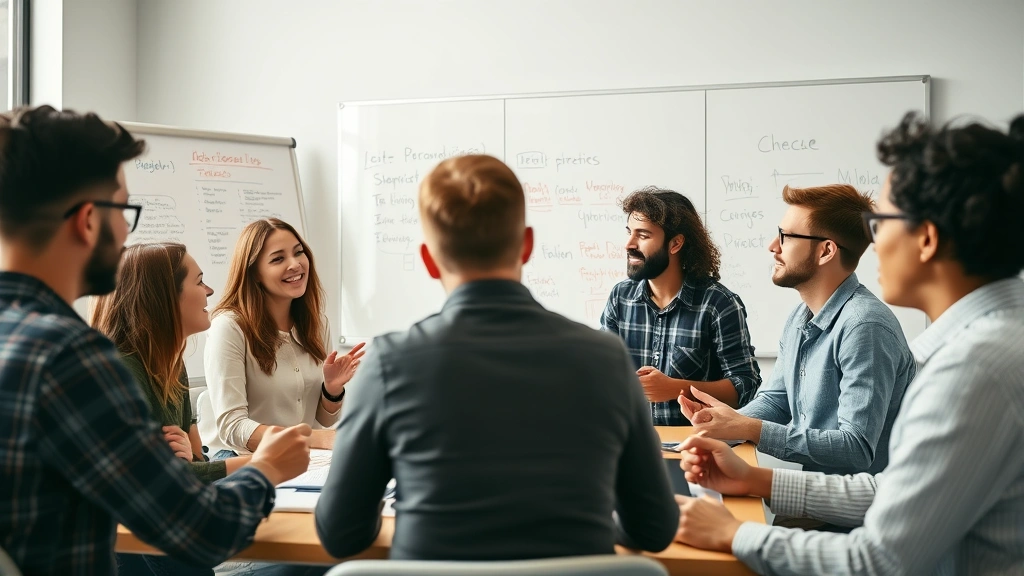 Diverse startup team in a meeting brainstorming together, energetic discussion, whiteboards visible but no text readable, collaborative atmosphere, natural office lighting