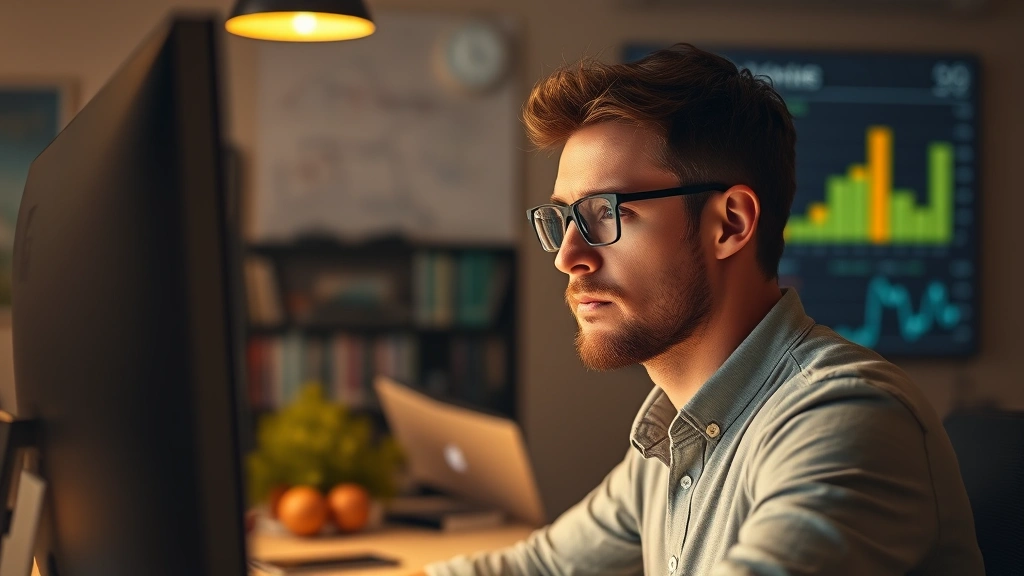 Founder reviewing financial dashboard on computer screen, analytical work, spreadsheets blurred, concentrated expression, startup office environment, warm lighting
