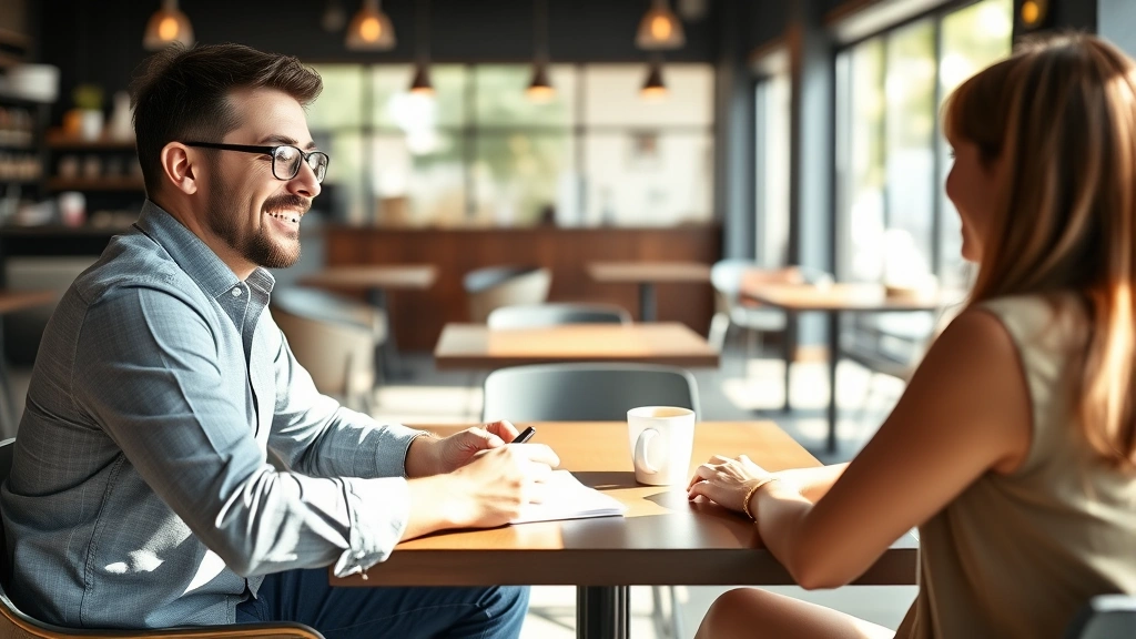 Founder sitting at coffee shop table with notepad, having animated conversation with potential customer across from them, natural sunlight, casual business attire, focused engagement.