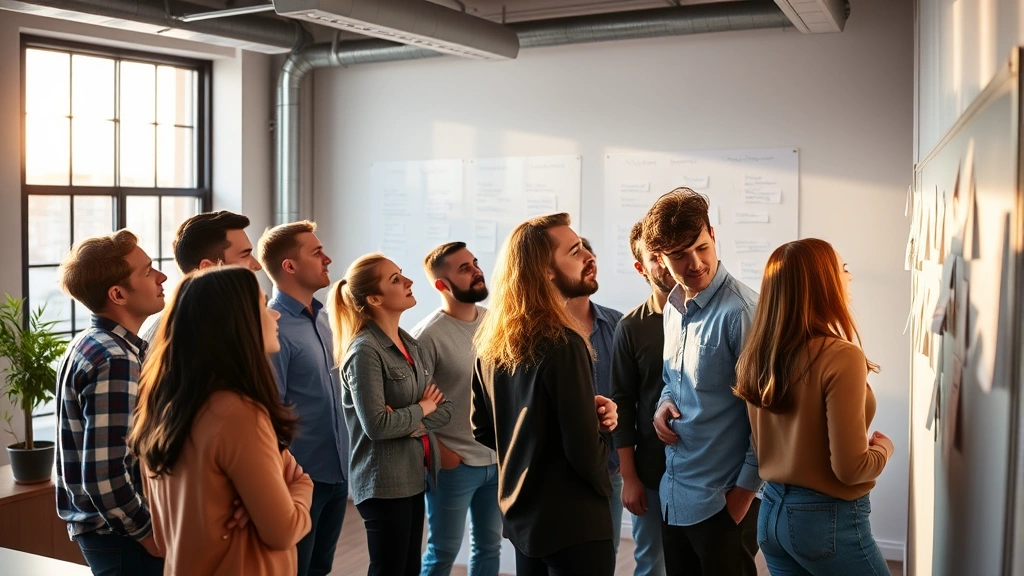 Diverse group of early-stage entrepreneurs in startup office reviewing customer feedback notes on whiteboard wall, collaborative energy, morning light through windows.