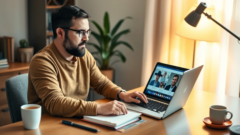 Solo founder at desk with laptop and notebook, reviewing customer interview recordings, thoughtful expression, home office setup, warm lighting, cup of coffee nearby.