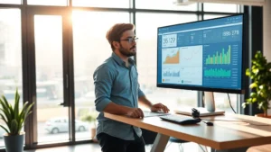 Founder working at a standing desk in a modern startup office, reviewing financial dashboards and growth charts on a monitor, focused and determined expression, morning light through large windows