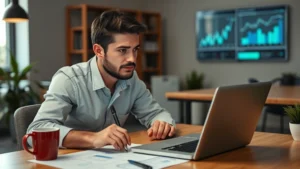 Founder analyzing financial metrics on laptop with spreadsheets and charts visible on desk, coffee cup nearby, focused expression, startup office environment