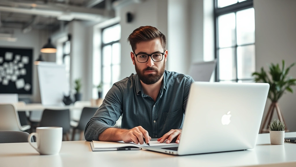 Founder working intently at desk with laptop and notebook, coffee cup nearby, natural window light, focused expression, modern startup office environment