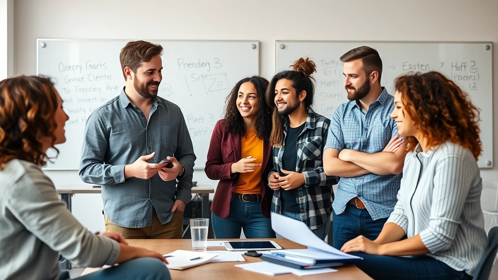 Diverse startup team in casual meeting, brainstorming together with whiteboards visible in background, energetic collaboration, mid-conversation moment, natural lighting