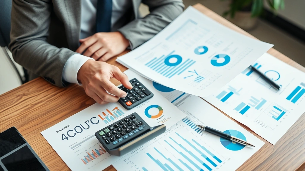 Entrepreneur reviewing financial documents and metrics on desk, calculator and pen present, serious focused work moment, professional but informal setting