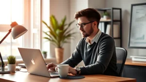 Founder at desk with laptop and coffee, early morning startup workspace, natural light from window, focused expression, modern minimalist office, photorealistic