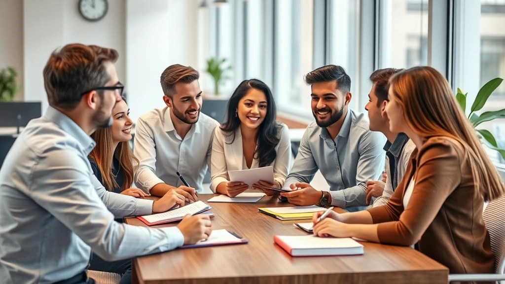 Team of young entrepreneurs in collaborative meeting, discussing around table with notebooks, diverse group, engaged conversation, bright office space, photorealistic
