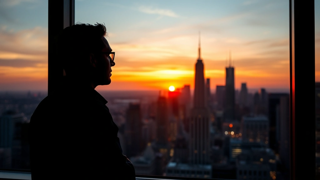 Solo entrepreneur looking out window thoughtfully, silhouette against city skyline at sunset, contemplative mood, startup journey reflection, photorealistic