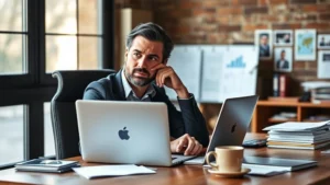 Founder sitting at desk with laptop, looking thoughtful, papers and coffee cup on wooden desk, natural window light, serious entrepreneurial focus, realistic office environment