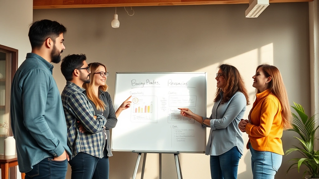 Team of diverse entrepreneurs in casual meeting room standing around whiteboard discussing strategy, energetic collaboration, natural lighting, authentic startup energy