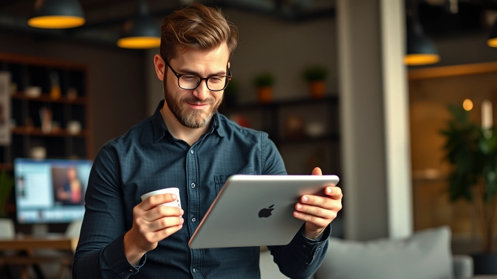 Entrepreneur reviewing business metrics on tablet while holding coffee, looking confident but concentrated, modern workspace, professional yet approachable demeanor, realistic startup founder moment