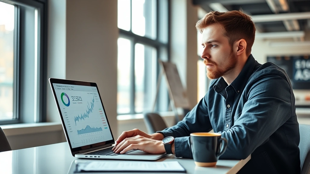 Founder reviewing financial dashboards and metrics on laptop in modern startup office, focused expression, natural daylight from windows, coffee cup nearby