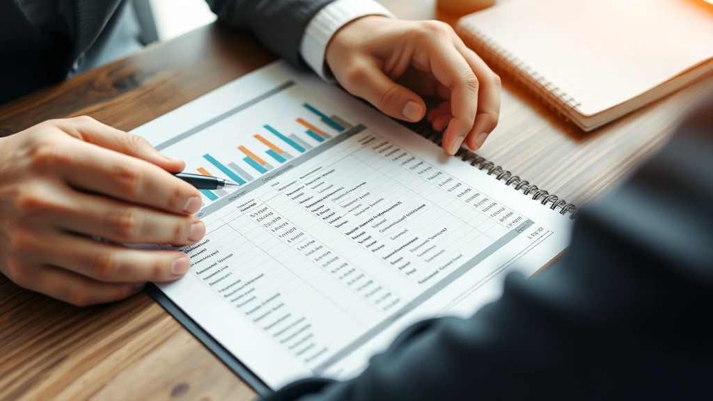 Close-up of founder's hands reviewing spreadsheet with revenue and cost data, pen pointing at key metrics, professional workspace with notebook visible