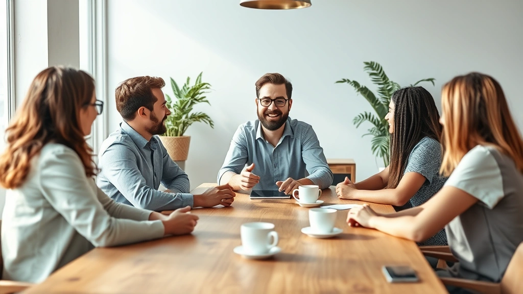 Energetic entrepreneur in casual startup office environment, having collaborative discussion with team members around a wooden table, natural daylight, modern minimal space, diverse group, engaged body language, coffee cups visible