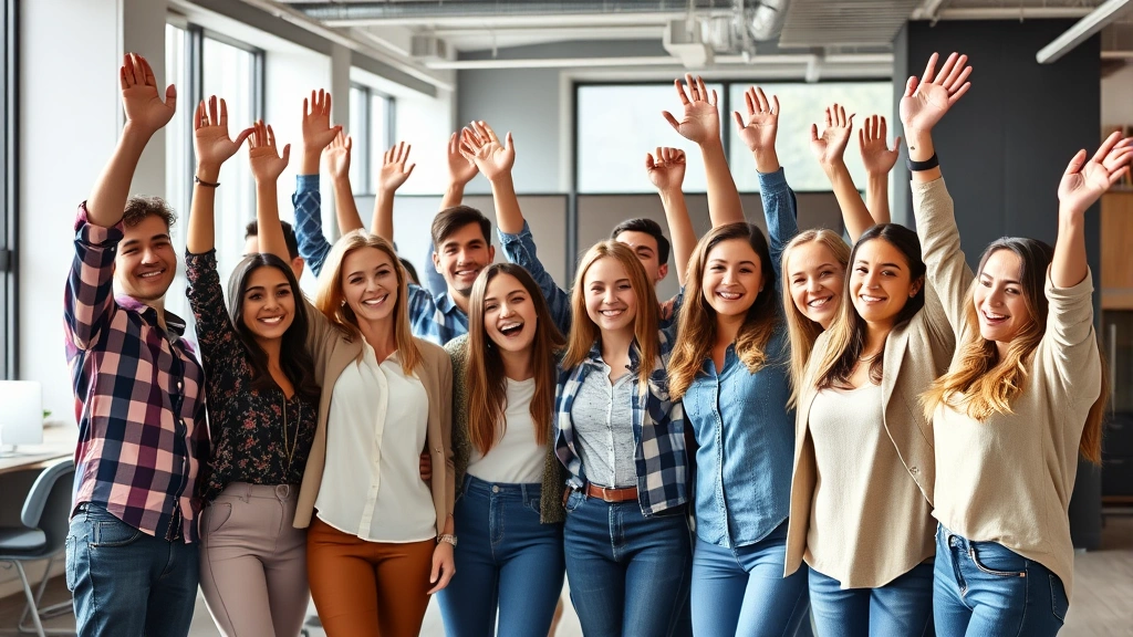 Team of young entrepreneurs celebrating a milestone or win in contemporary office space, genuine smiles and raised hands, casual clothing, bright natural lighting, diverse group, authentic moment of success