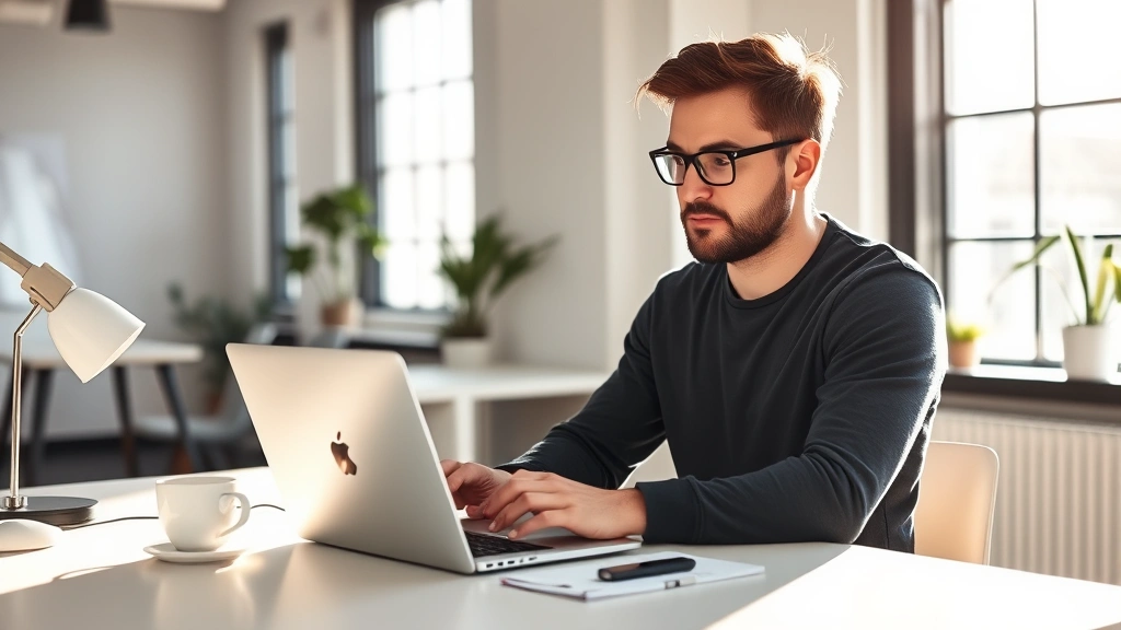 Founder working at laptop in startup office, morning light, focused expression, coffee cup on desk, minimalist workspace