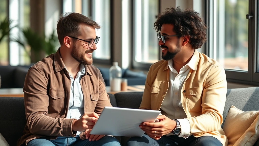 Two entrepreneurs in casual meeting, discussing business strategy over notebook, authentic conversation, natural lighting, collaborative energy