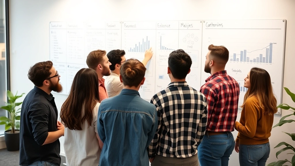 Diverse startup team in huddle reviewing metrics on whiteboard wall, engaged expressions, problem-solving atmosphere, modern office