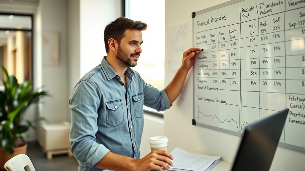 Founder in a startup office reviewing financial metrics on a whiteboard wall, casual button-up shirt, confident expression, morning light through windows, papers and coffee on desk
