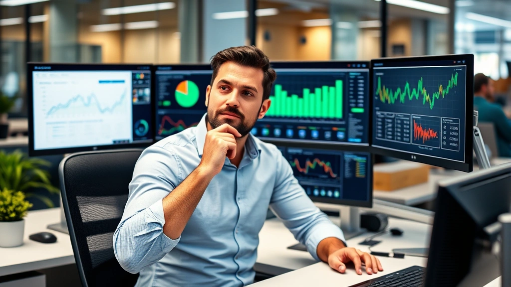 Entrepreneur at desk with multiple monitors showing business dashboards and analytics, thinking pose with hand on chin, professional casual attire, modern office environment