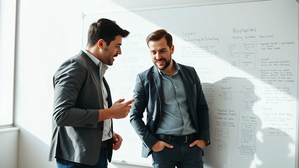 Two entrepreneurs in casual business attire having an intense discussion over a whiteboard covered with business strategy notes, leaning forward engaged, natural lighting, collaborative energy