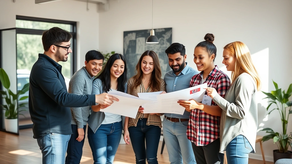 A diverse team of startup employees in a casual meeting room, standing around reviewing documents together, smiling and pointing at papers, natural daylight, genuine collaboration moment