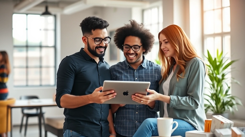 Two diverse founders in casual startup office space reviewing data on tablet together, natural morning light, collaborative energy, coffee cups visible