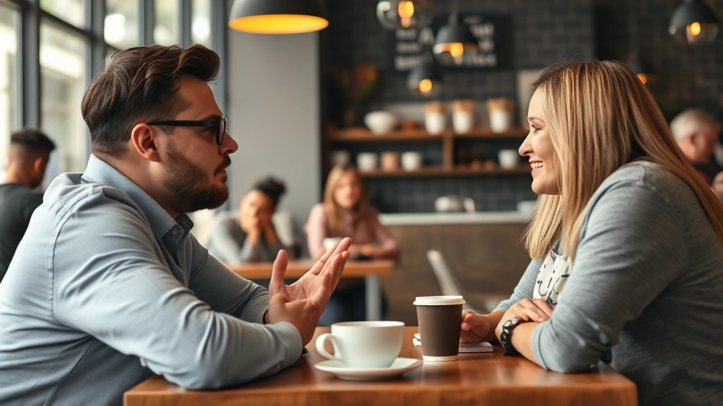 Founder in conversation with customers in a coffee shop, engaged listening pose, real people discussing business problems, authentic interaction