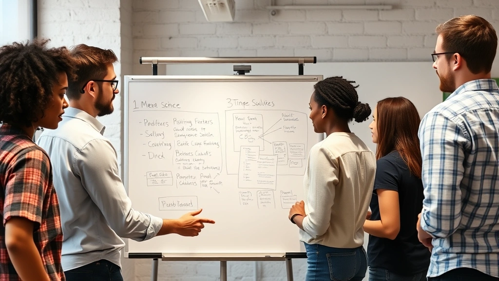 Early-stage startup team in huddle around whiteboard planning session, diverse group problem-solving together, energy and focus visible in their postures