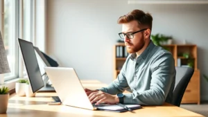 Founder sitting at desk with laptop and notebook, intense focus, natural morning light, realistic startup workspace with minimal clutter, professional but casual attire, no visible screens or text