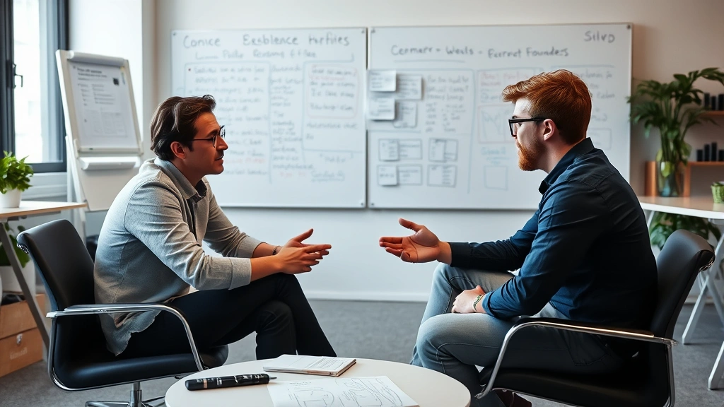 Two co-founders in discussion, sitting across from each other in collaborative workspace, genuine engagement, whiteboards and notes visible but not readable, diverse representation, authentic moment of problem-solving