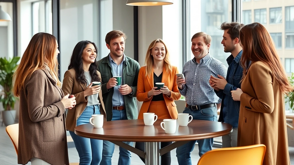 Diverse team of four people in casual meeting, standing around a table with coffee cups, animated conversation, open body language, modern office environment, natural lighting, no visible documents or charts