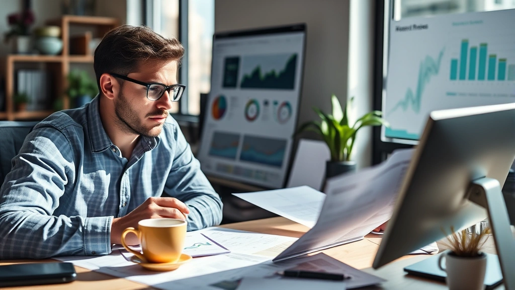 Founder reviewing financial spreadsheets and metrics on desk with coffee, focused and determined expression, morning light, modern workspace