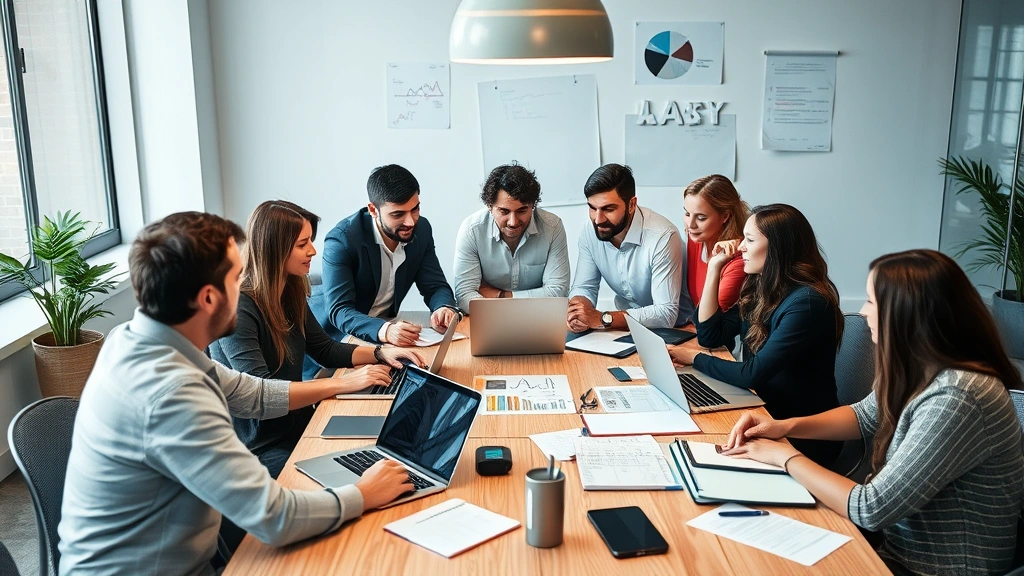 Team collaborating around a table with laptops and notebooks, discussing strategy and growth plans, diverse group, professional but relaxed setting
