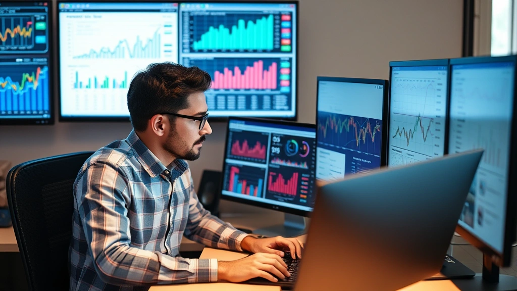 Entrepreneur analyzing business charts and data visualization on multiple monitors, studying market trends and customer metrics, concentrated work environment