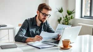 Founder reviewing financial spreadsheets and metrics on laptop at minimalist desk, coffee nearby, focused expression, natural office lighting, candid business moment